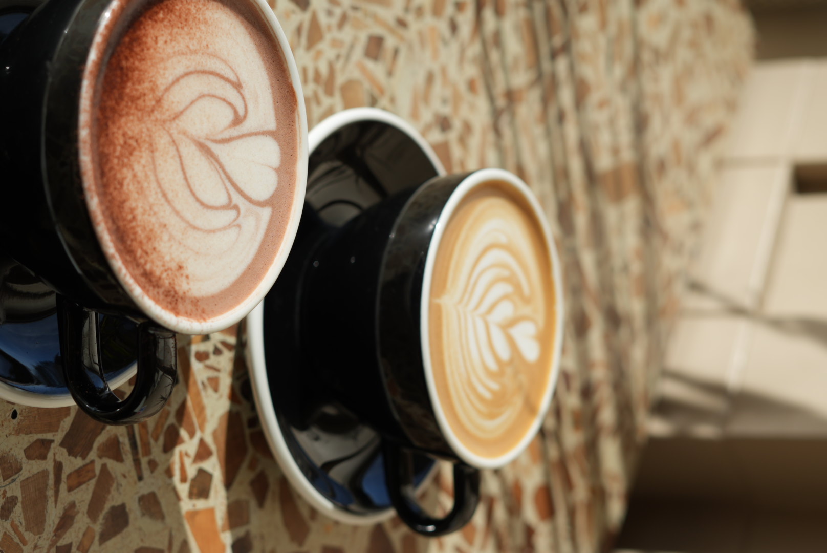 Flat white and hot chocolate, closer