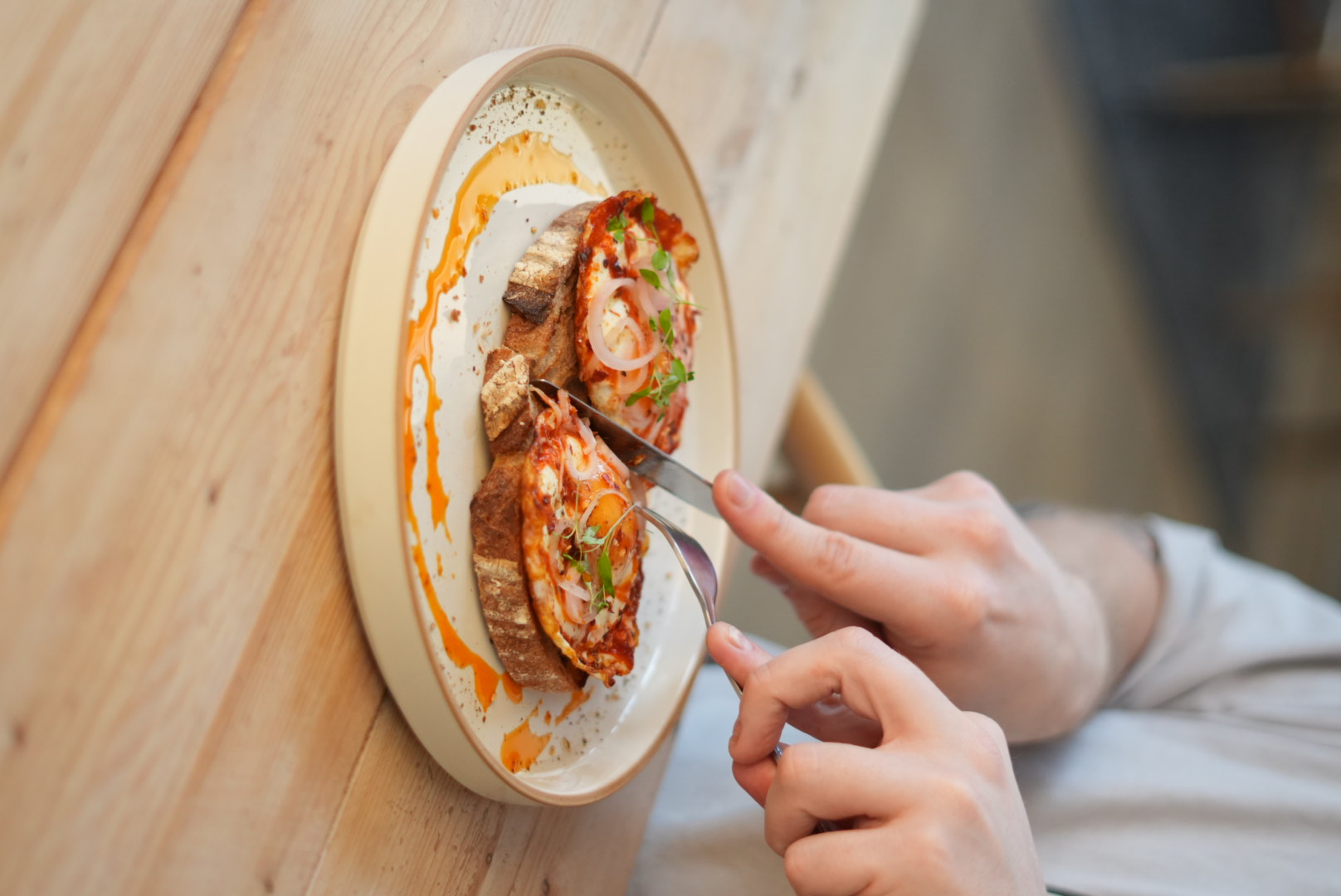 Eggs in nduja on sourdough