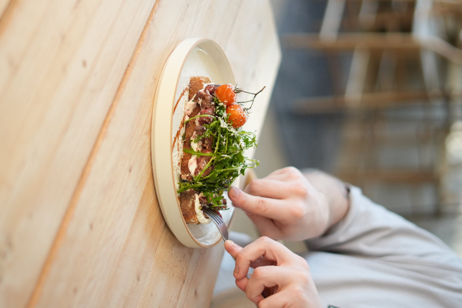 Steak sourdough plated overhead