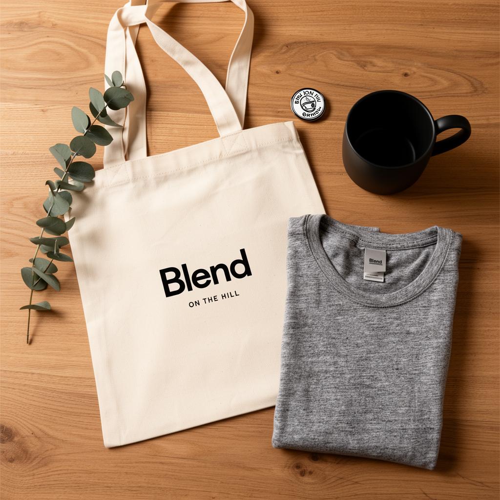 Blend merch flatlay with tote, mug, pin and tee