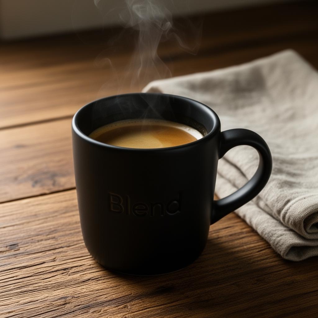 Matte black Blend ceramic mug with espresso and steam
