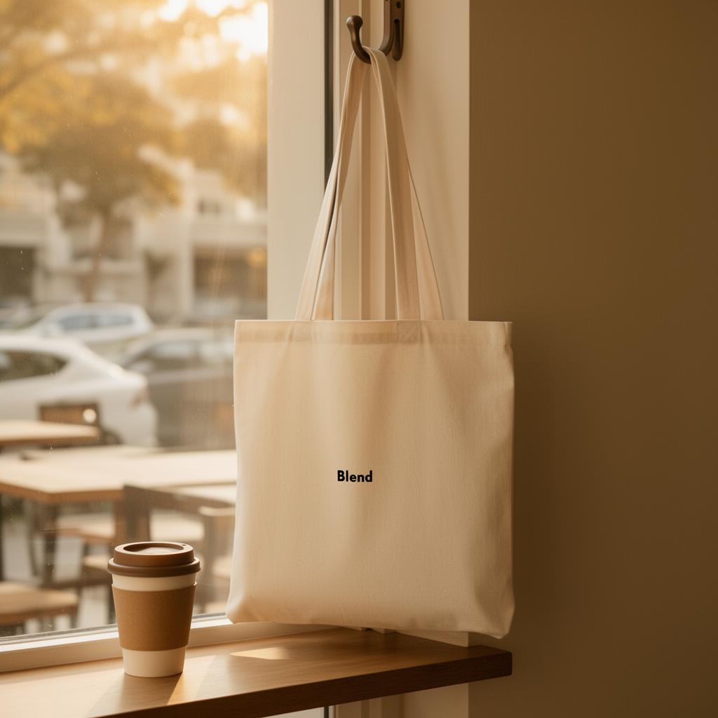 Blend tote bag hanging by a sunlit café window