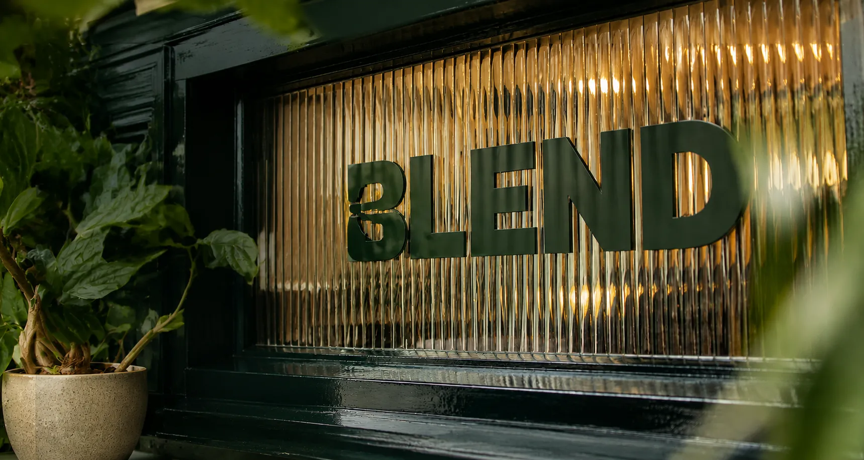 The BLEND signage on the reeded-glass front door at Richmond Hill, Bournemouth